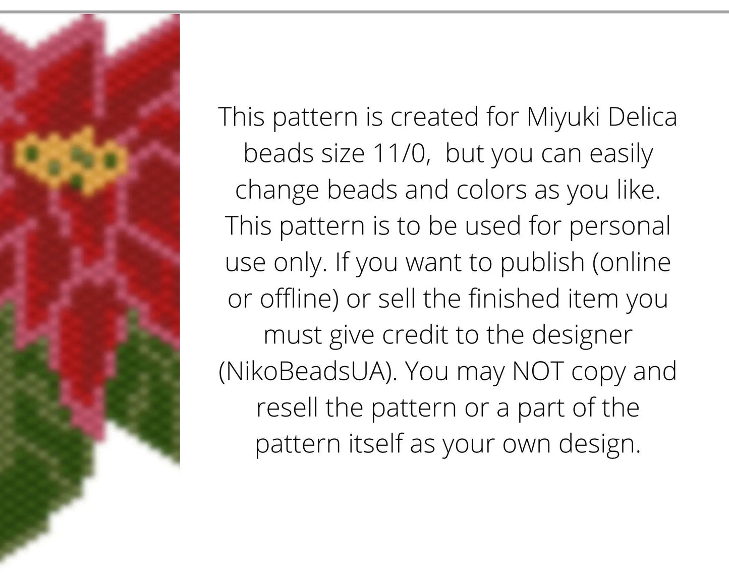 Poinsettia Brick Stitch pattern for beaded pendant and earrings NikoBeadsUA