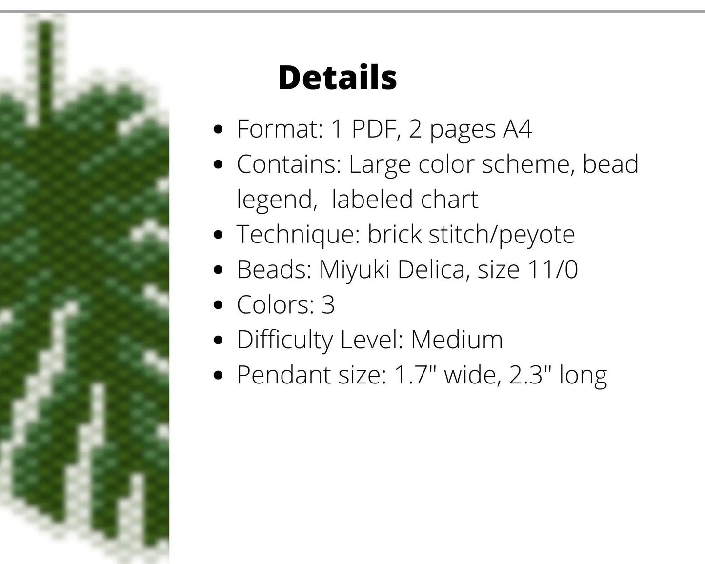 Monstera Brick Stitch pattern for beaded pendant and earrings - NikoBeadsUA
