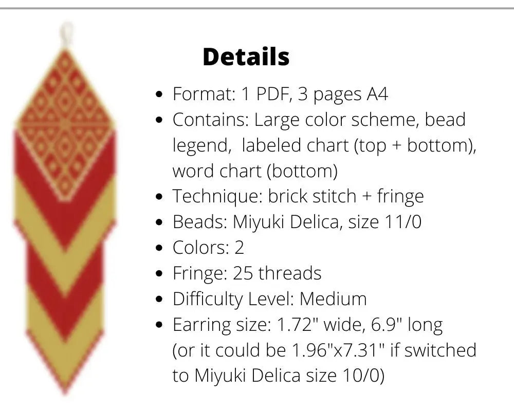 Red & Gold Brick Stitch pattern for fringe beaded earrings with diamond top NikoBeadsUA