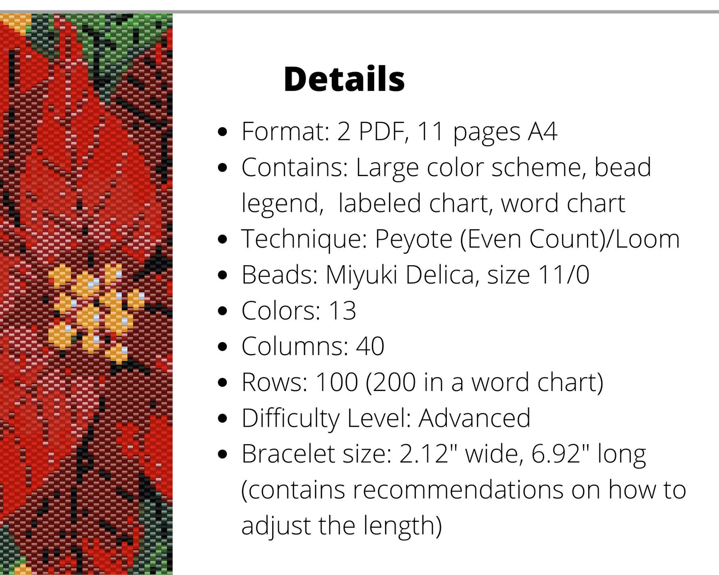 Poinsettia even peyote and loom patterns for beaded bracelet or bookmark NikoBeadsUA