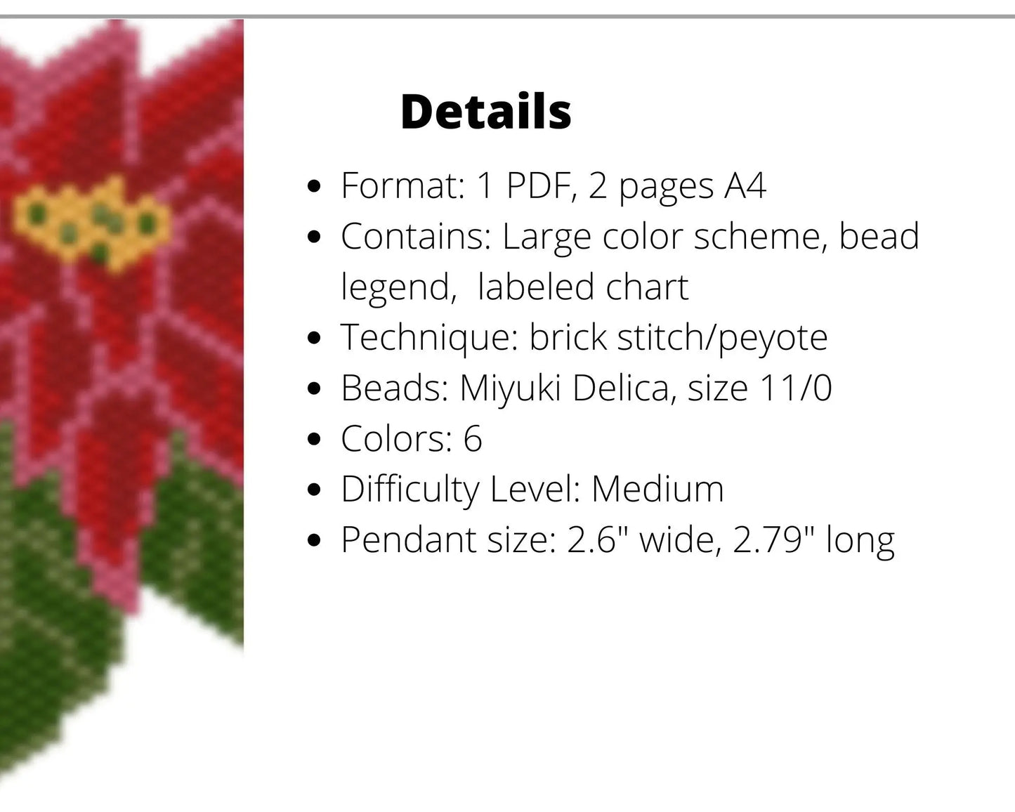 Poinsettia Brick Stitch pattern for beaded pendant and earrings NikoBeadsUA