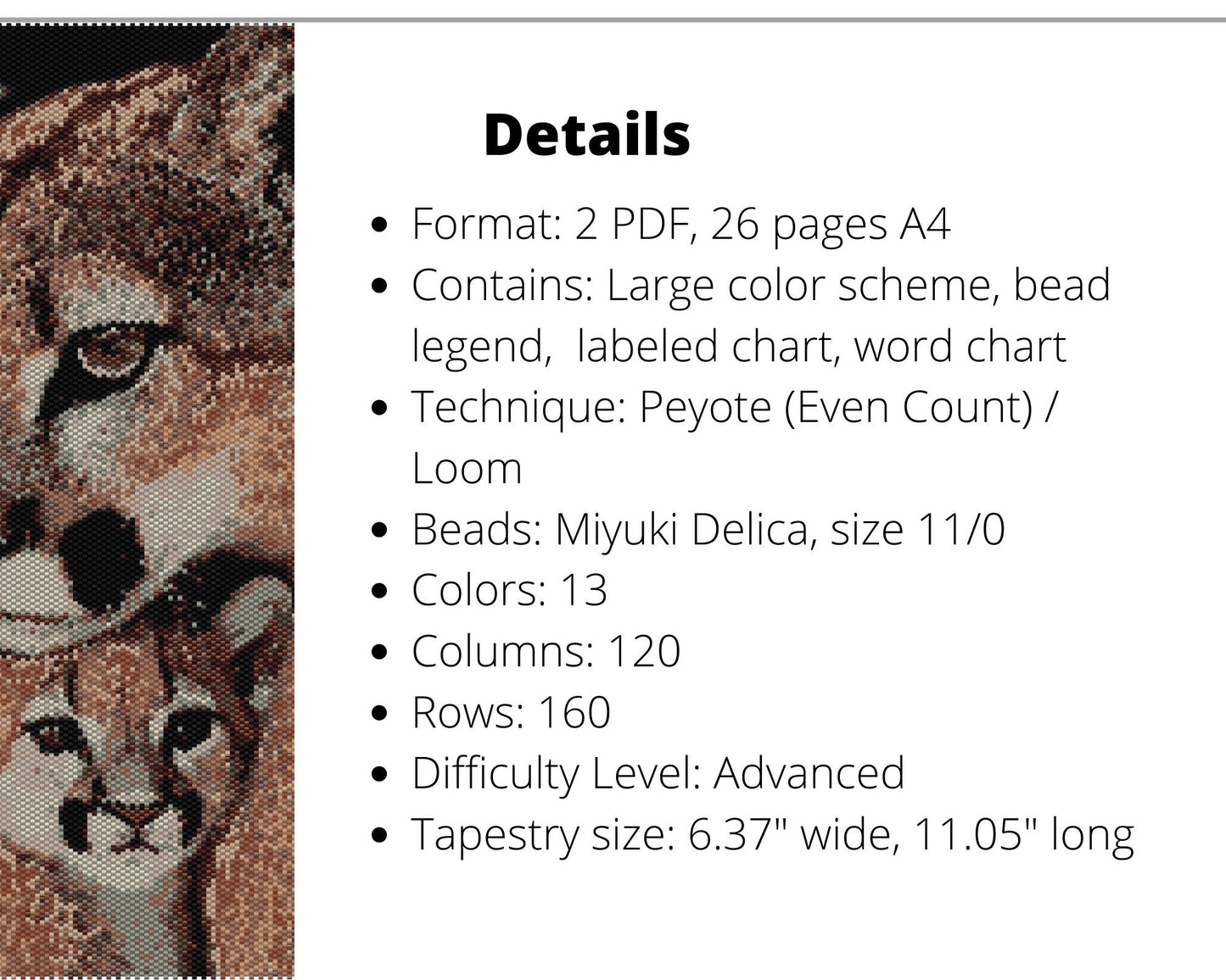Puma and Cub even peyote and loom patterns for beaded tapestry