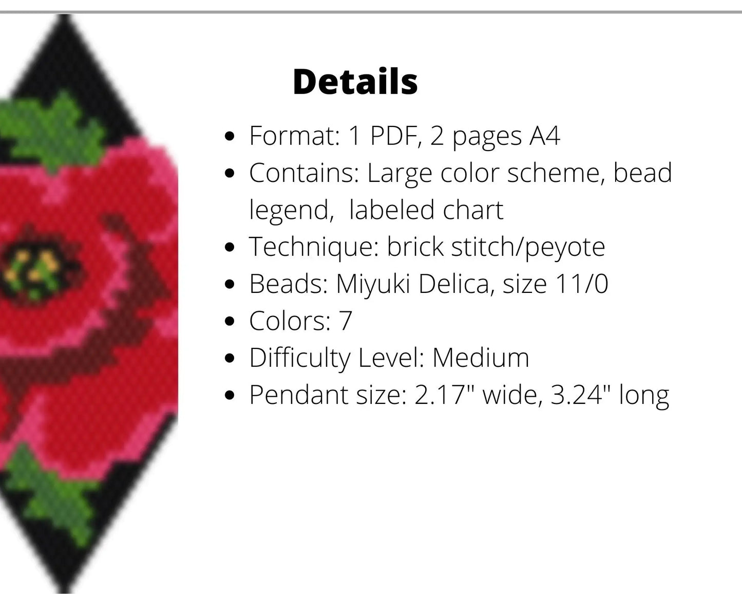 Poppy Brick Stitch pattern for beaded diamond pendant, earrings NikoBeadsUA