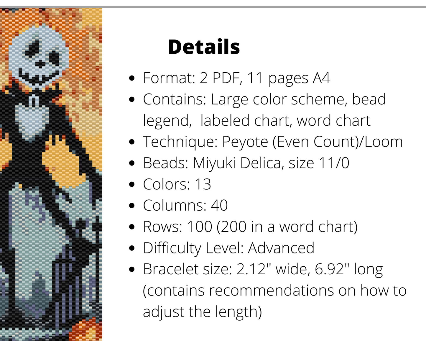 Skeleton even peyote and loom patterns for beaded bracelet or bookmark