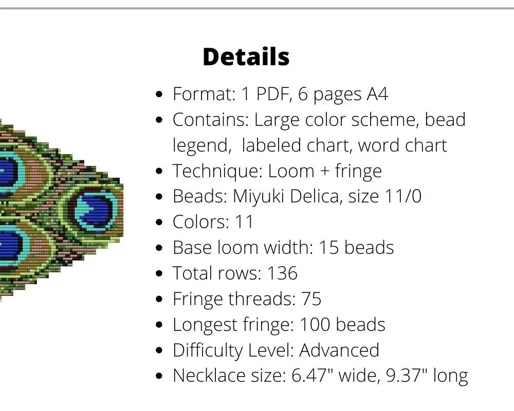 Peacock Fringe Loom pattern for beaded necklace NikoBeadsUA