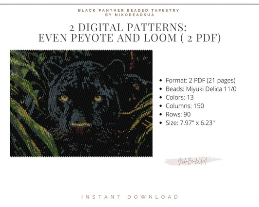 Black Panther even peyote and loom patterns for beaded tapestry NikoBeadsUA