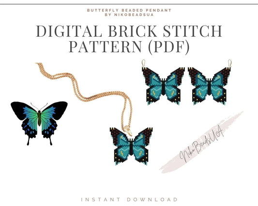 Blue Butterfly Brick Stitch pattern for beaded pendant and earrings NikoBeadsUA