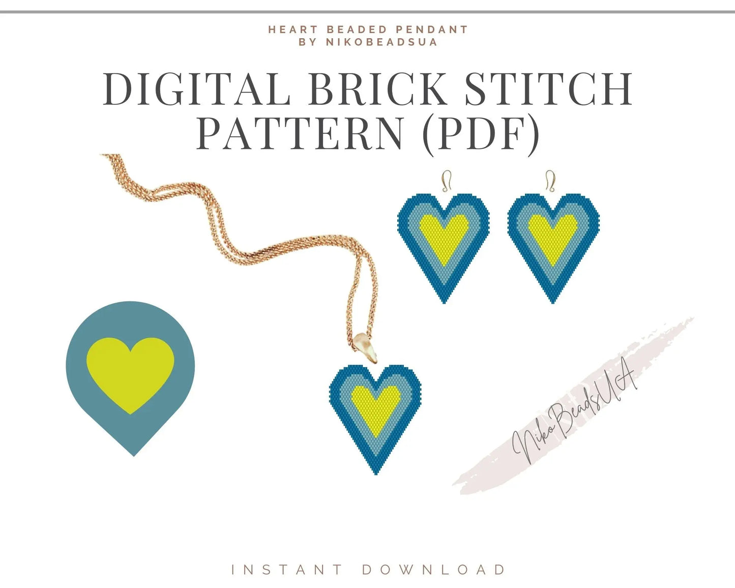 Blue Heart Brick Stitch pattern for beaded diamond pendant, earrings NikoBeadsUA