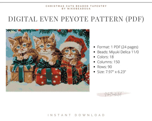 Christmas Kittens even peyote pattern for beaded tapestry NikoBeadsUA