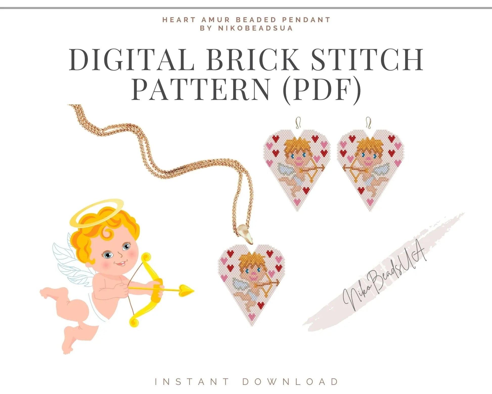 Cupid Heart Brick Stitch pattern for beaded diamond pendant, earrings NikoBeadsUA