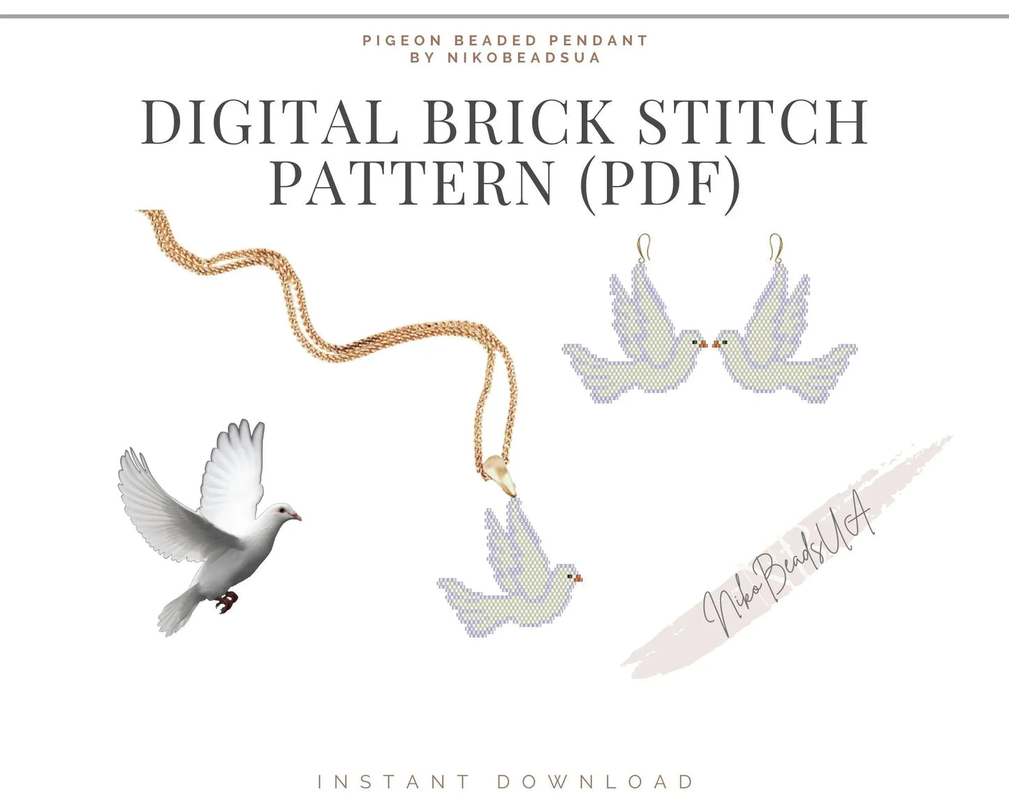 Dove Brick Stitch pattern for beaded pendant and earrings NikoBeadsUA