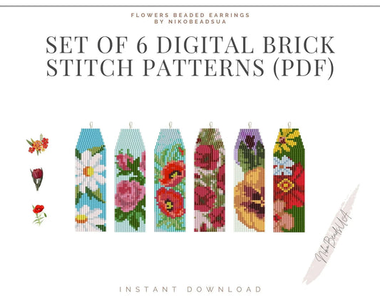 Flowers Brick Stitch Fringe Beaded Earrings Patterns Bundle NikoBeadsUA