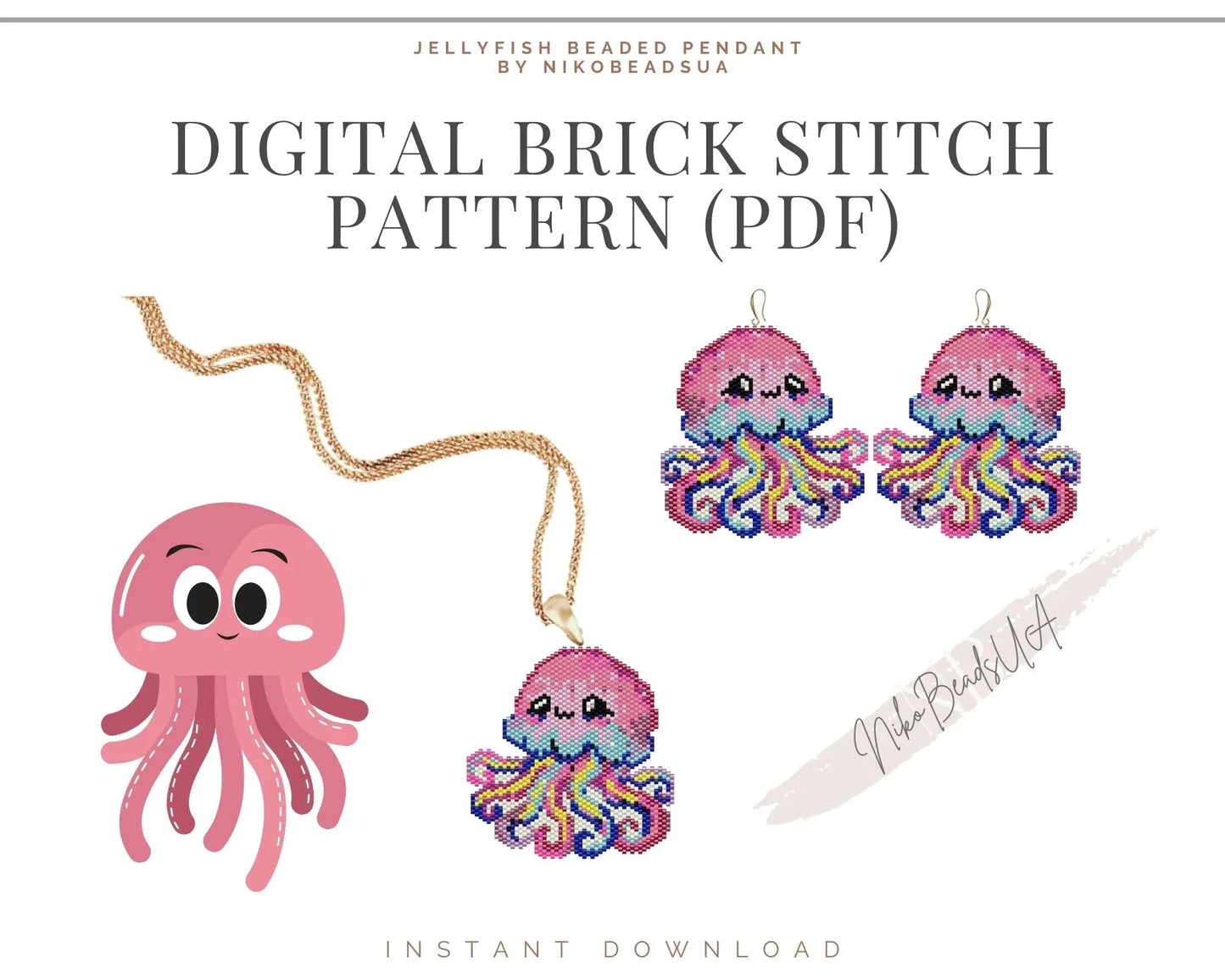 Jellyfish Brick Stitch pattern for beaded pendant and earrings NikoBeadsUA
