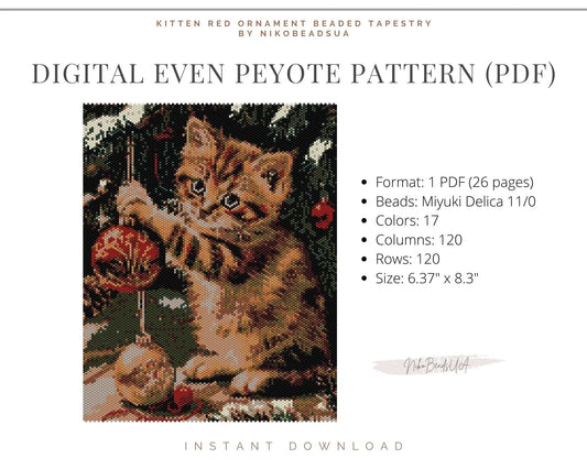 Kitten with Red Christmas Ornament even peyote pattern for beaded tapestry NikoBeadsUA