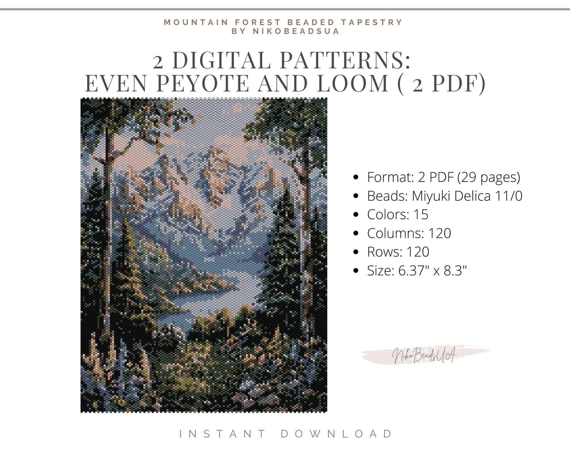 Mountain Forest even peyote and loom pattern for beaded tapestry NikoBeadsUA
