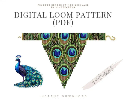 Peacock Fringe Loom pattern for beaded necklace NikoBeadsUA