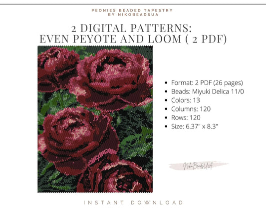 Peonies even peyote and loom patterns for beaded tapestry NikoBeadsUA