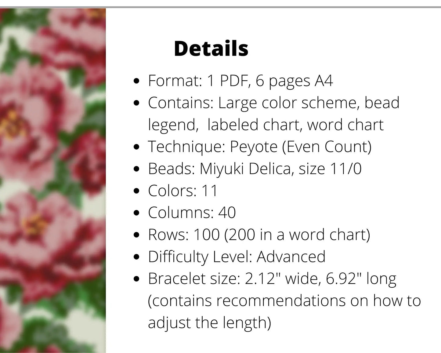 Peonies even peyote pattern for beaded bracelet NikoBeadsUA