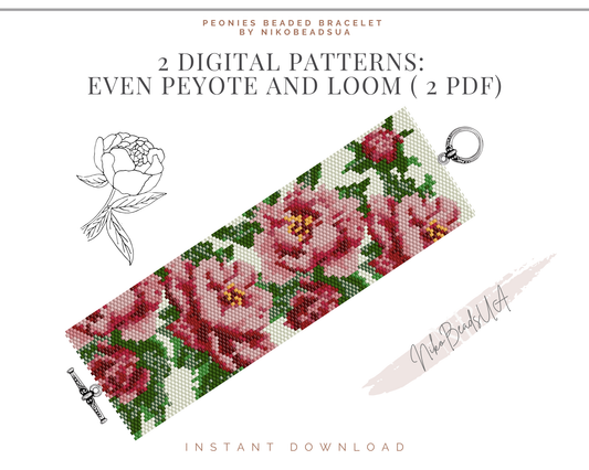 Peonies even peyote pattern for beaded bracelet