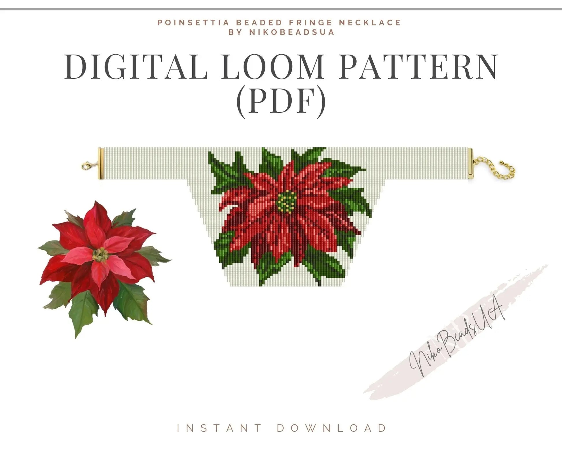 Poinsettia Beaded Loom Fringe Necklace Pattern NikoBeadsUA