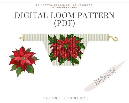 Poinsettia Beaded Loom Fringe Necklace Pattern NikoBeadsUA