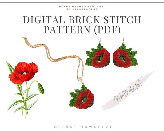 Poppy Brick Stitch pattern for beaded pendant and earrings NikoBeadsUA