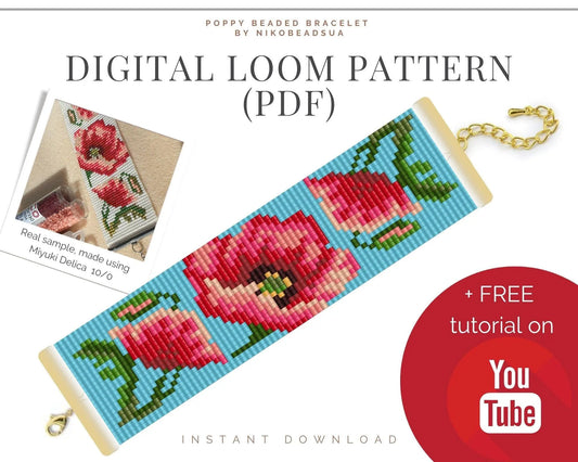 Poppy Loom pattern for wide beaded bracelet - NikoBeadsUA