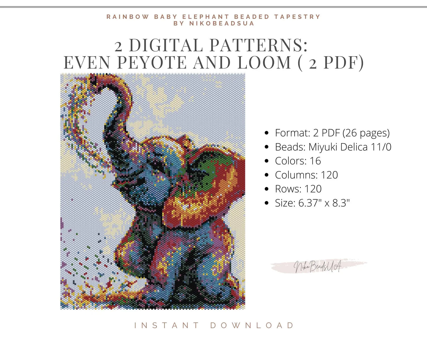 Rainbow Baby Elephant even peyote and loom patterns for beaded tapestry NikoBeadsUA