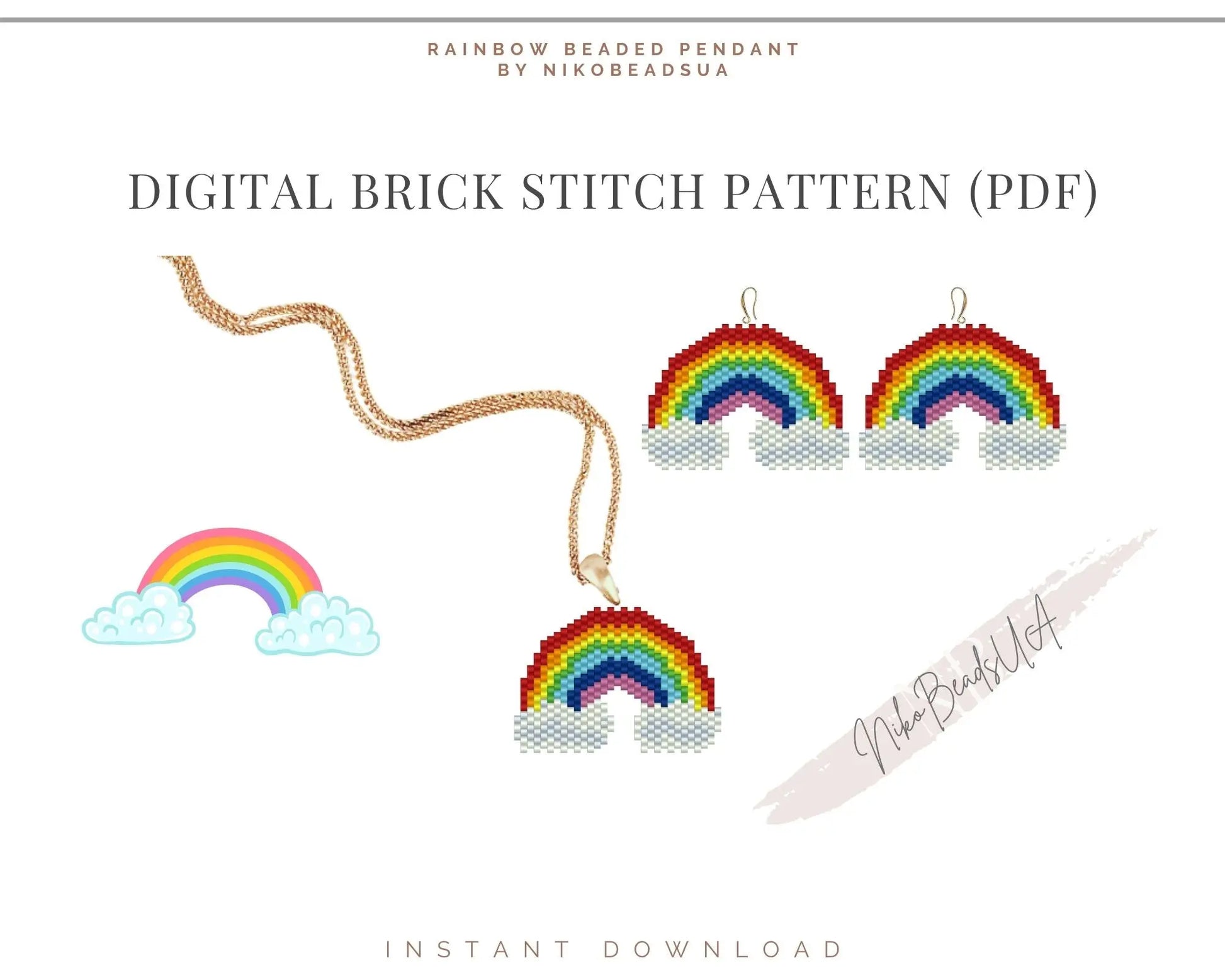 Rainbow Brick Stitch pattern for beaded pendant and earrings NikoBeadsUA