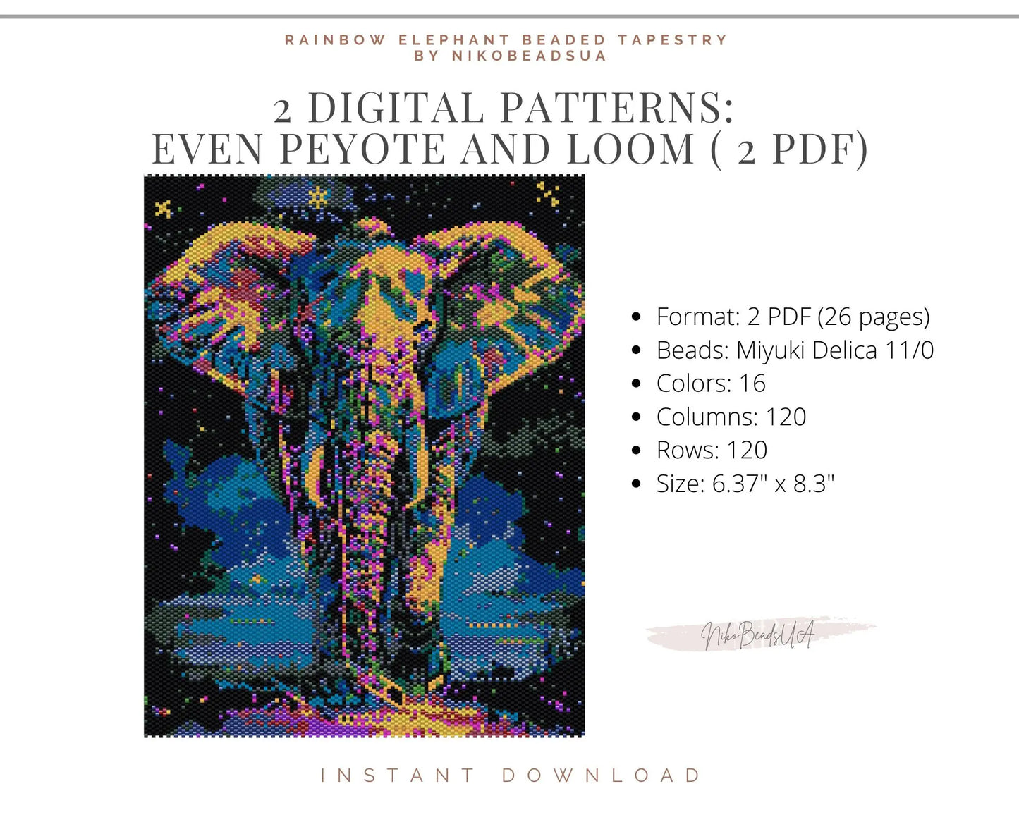 Rainbow Elephant even peyote and loom patterns for beaded tapestry NikoBeadsUA