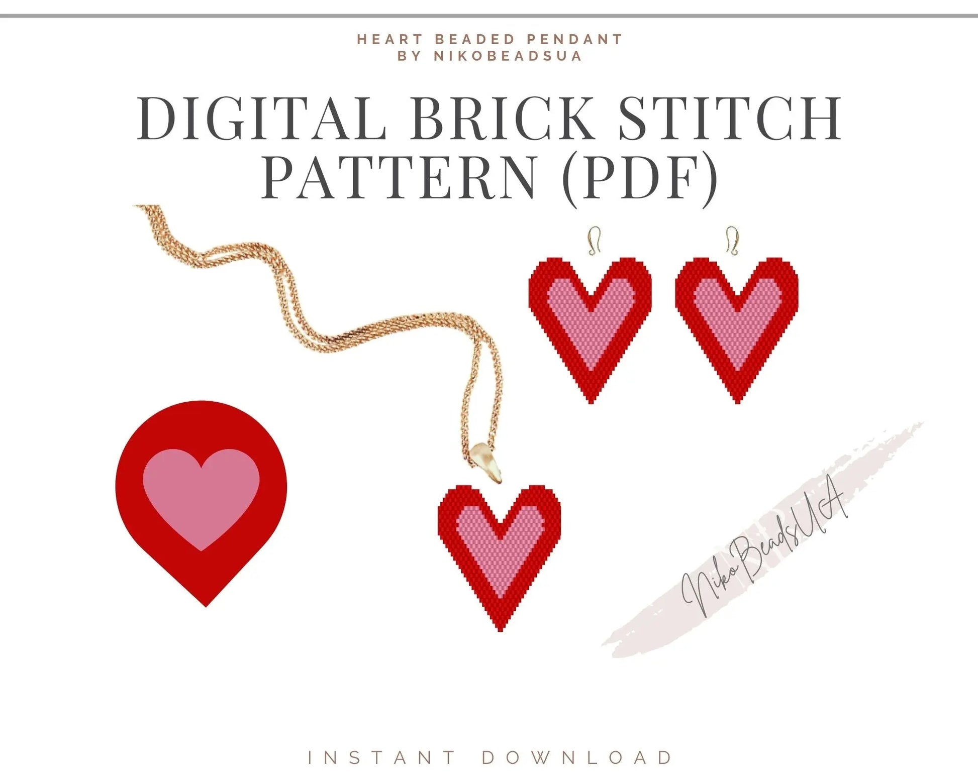 Red Heart Brick Stitch pattern for beaded diamond pendant, earrings NikoBeadsUA