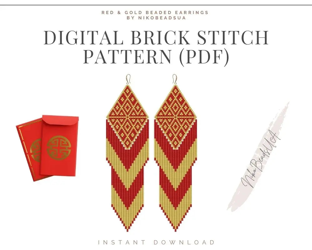 Red & Gold Brick Stitch pattern for fringe beaded earrings with diamond top NikoBeadsUA