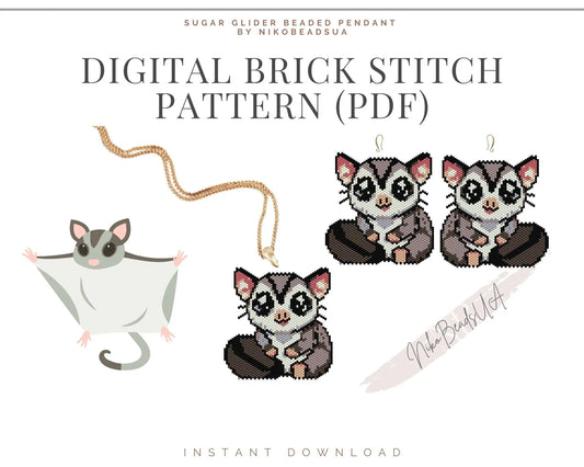 Sugar Glider Brick Stitch pattern for beaded pendant and earrings NikoBeadsUA