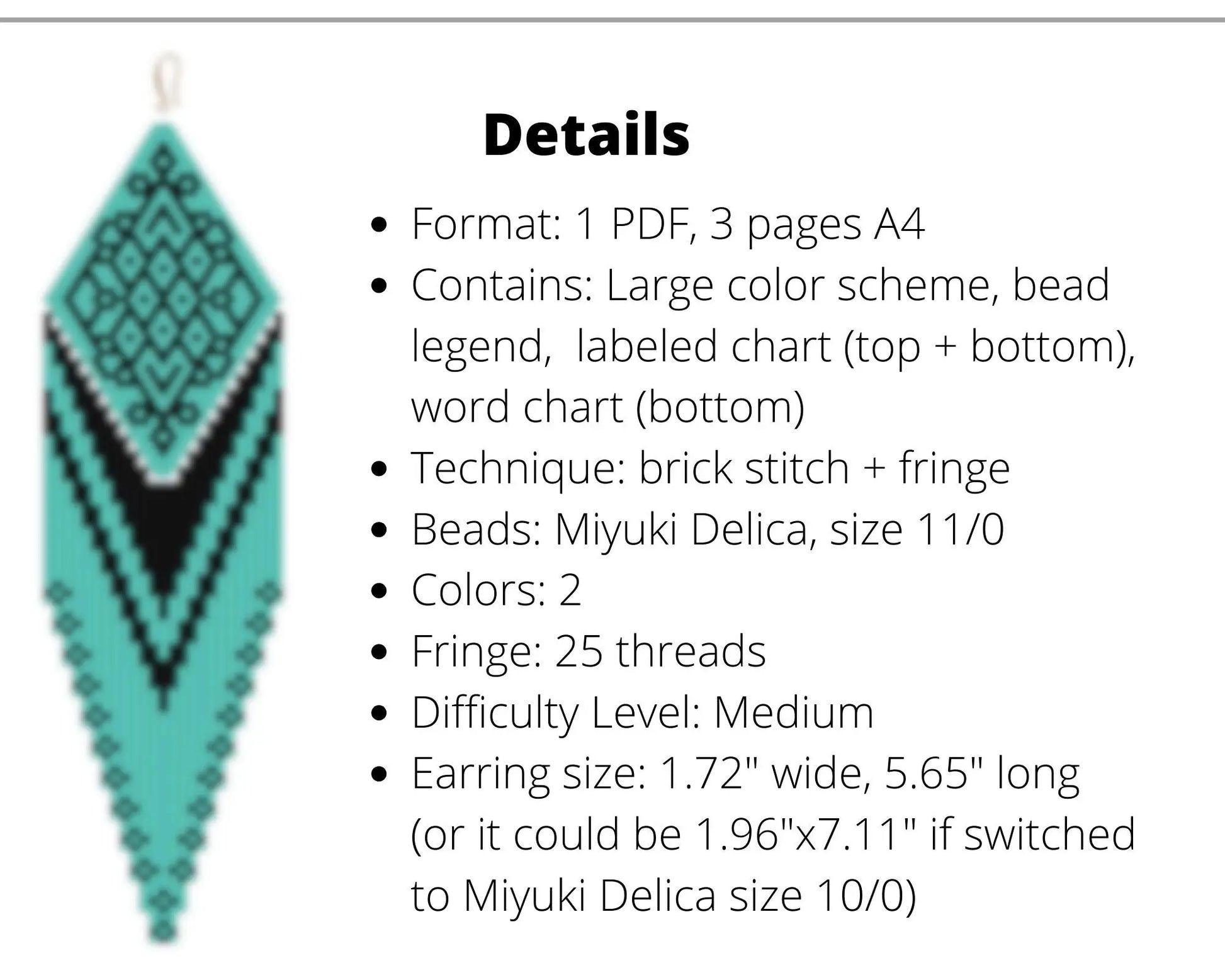 Teal Brick Stitch pattern for fringe beaded earrings with diamond top NikoBeadsUA