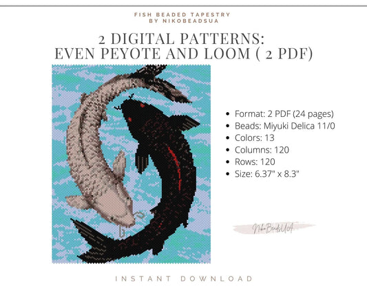 Yin Yang Fish even peyote and loom patterns for beaded tapestry NikoBeadsUA