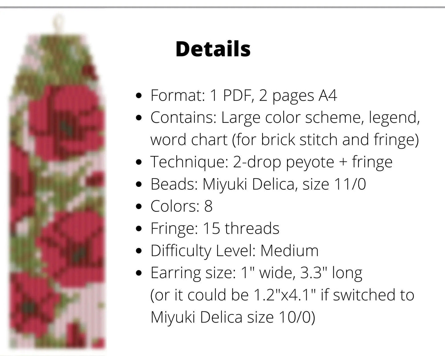 Poppies Brick Stitch pattern for fringe beaded earrings - NikoBeadsUA