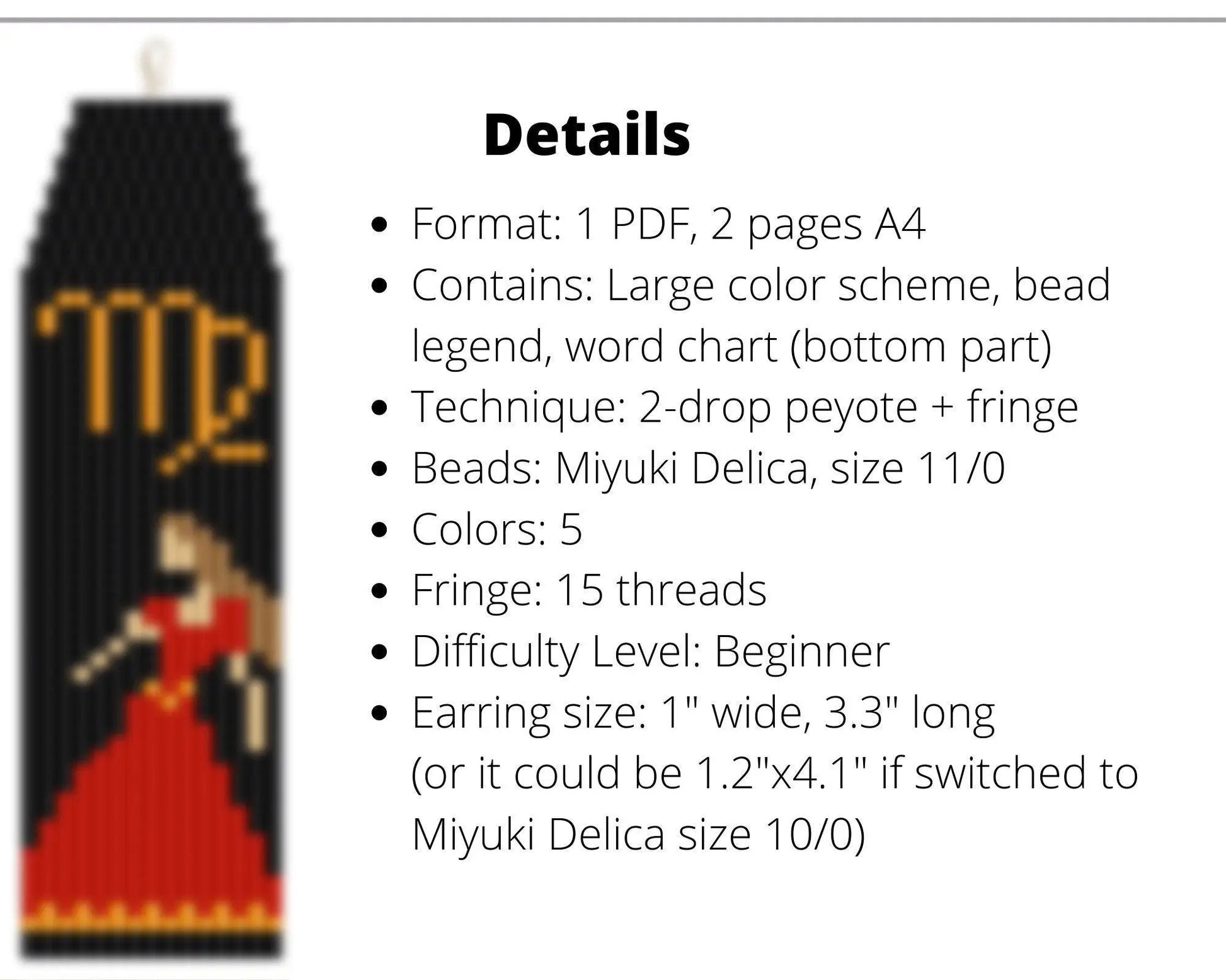 Zodiac Virgo Brick Stitch pattern for fringe beaded earrings - NikoBeadsUA