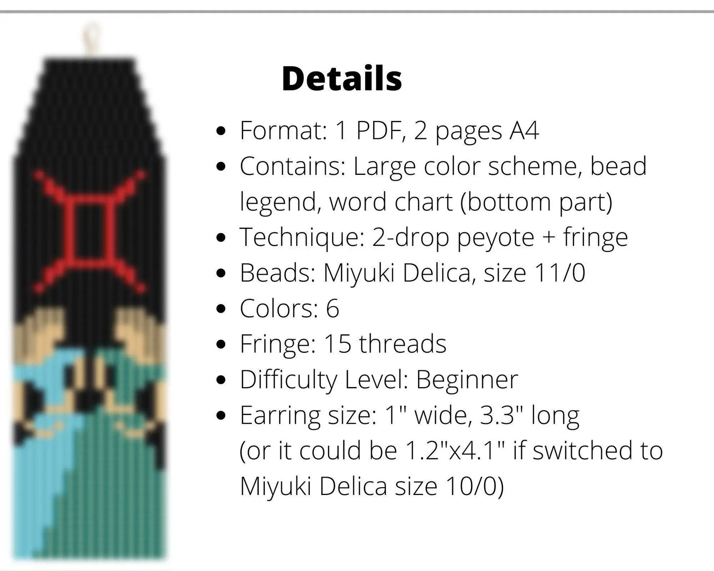 Gemini Brick Stitch pattern for fringe beaded earrings - NikoBeadsUA