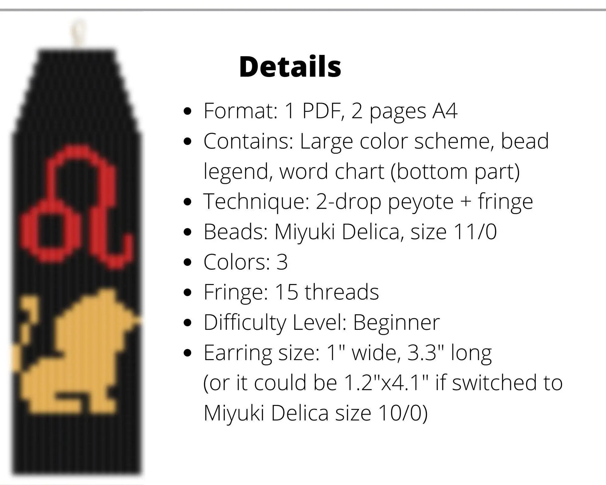 Leo Brick Stitch pattern for fringe beaded earrings - NikoBeadsUA