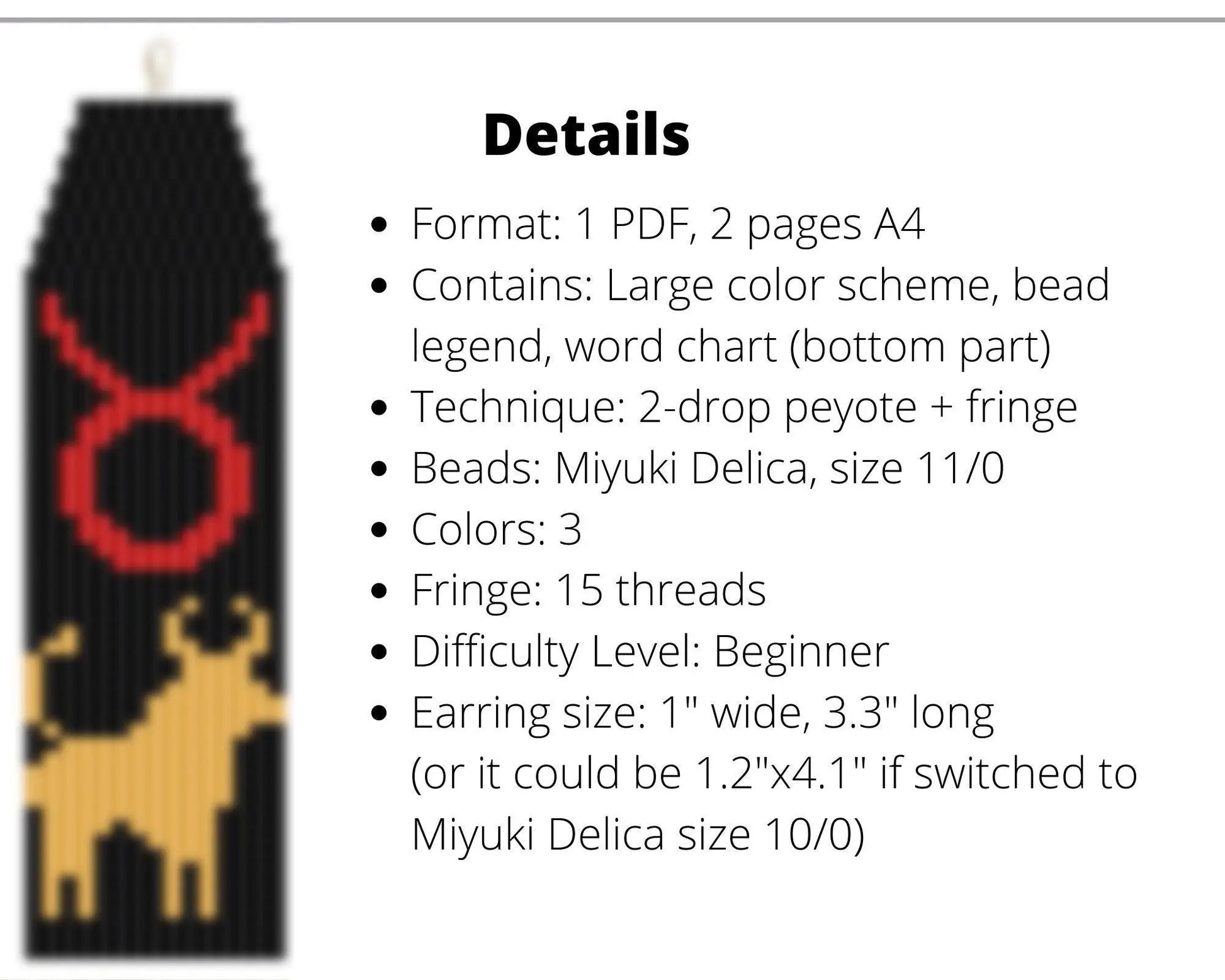 Taurus Brick Stitch pattern for fringe beaded earrings - NikoBeadsUA