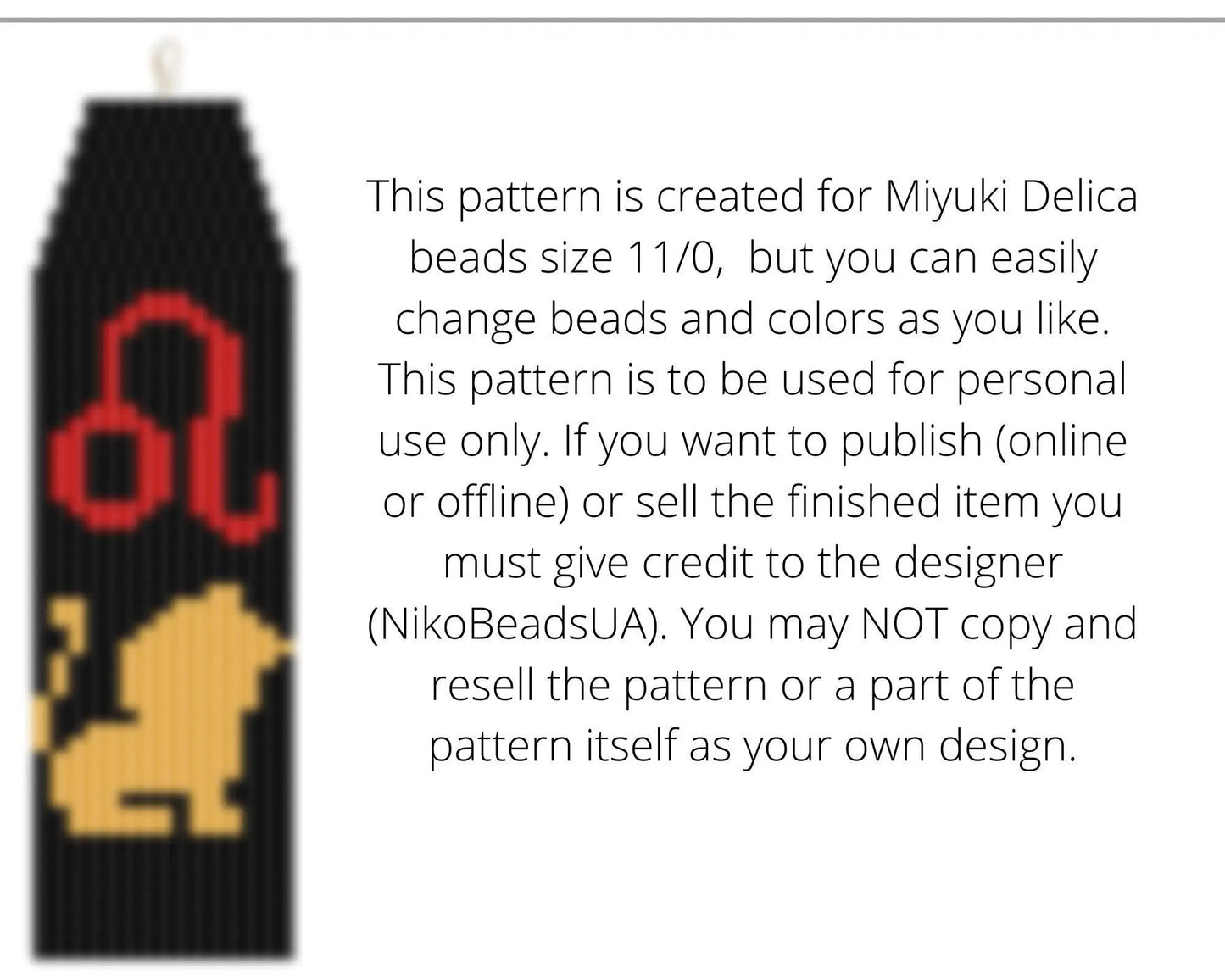 Leo Brick Stitch pattern for fringe beaded earrings - NikoBeadsUA