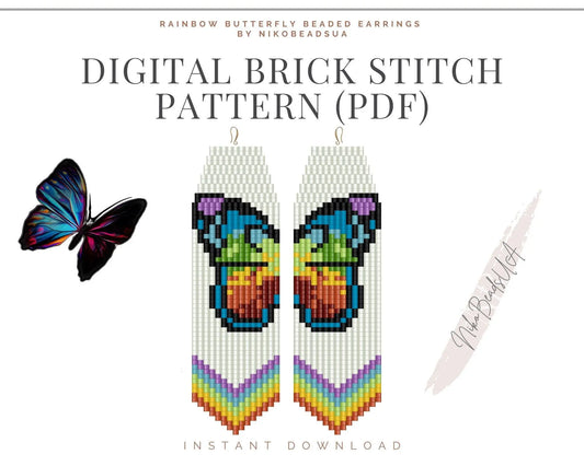Blue Butterfly Brick Stitch pattern for fringe beaded earrings - NikoBeadsUA