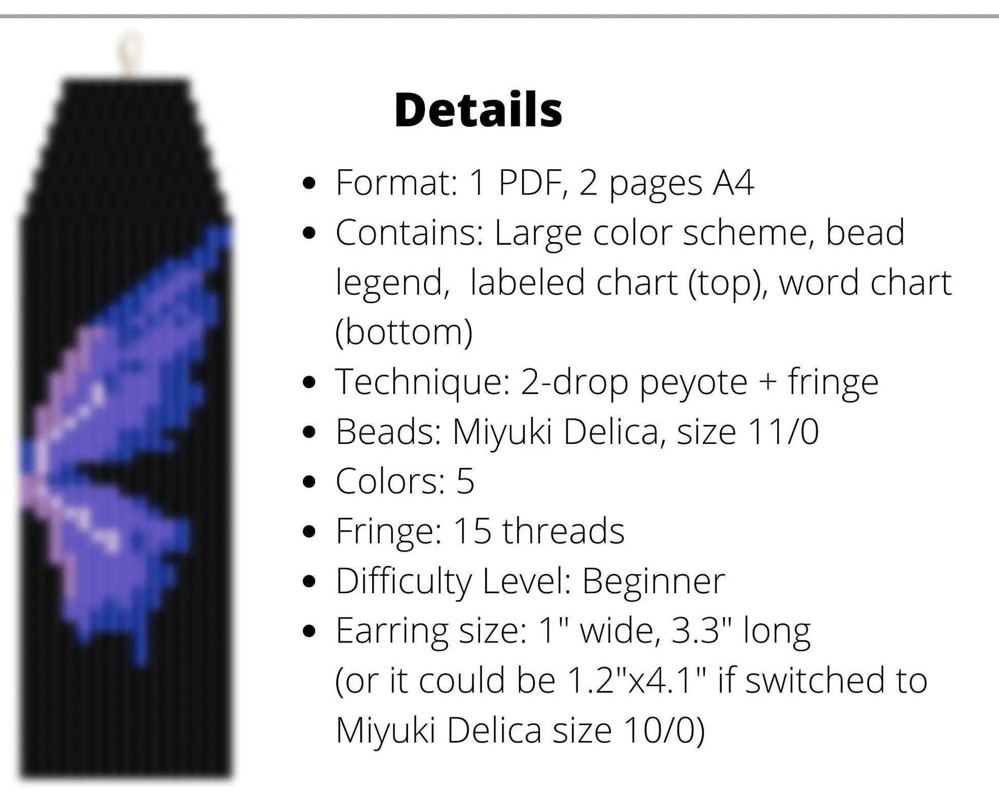 Dark Butterfly Brick Stitch pattern for fringe beaded earrings - NikoBeadsUA