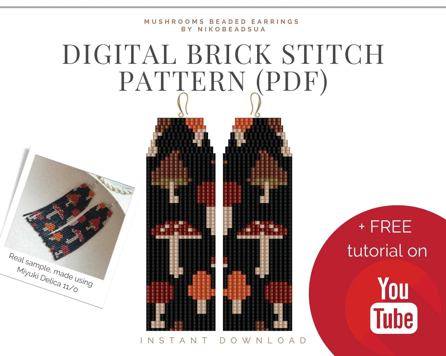 Mushroom Brick Stitch pattern for fringe beaded earrings - NikoBeadsUA