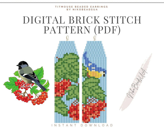 Titmouse & Viburnum Brick Stitch pattern for fringe beaded earrings - NikoBeadsUA