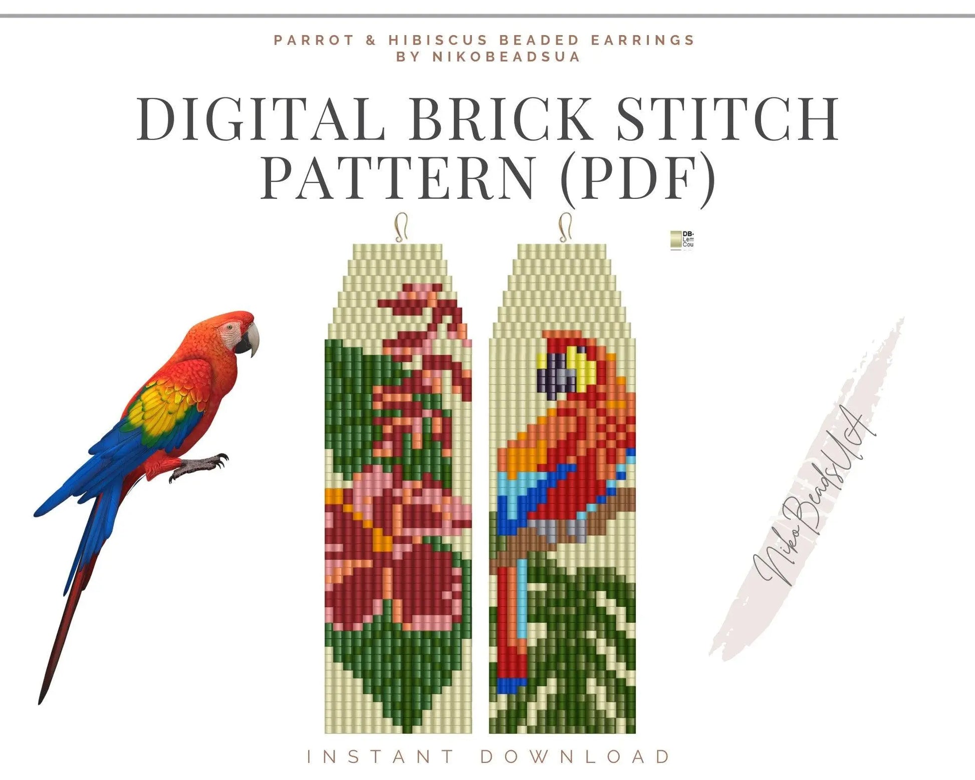 Ara Parrot Brick Stitch pattern for fringe beaded earrings - NikoBeadsUA