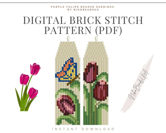 Purple Tulips Brick Stitch pattern for fringe beaded earrings - NikoBeadsUA