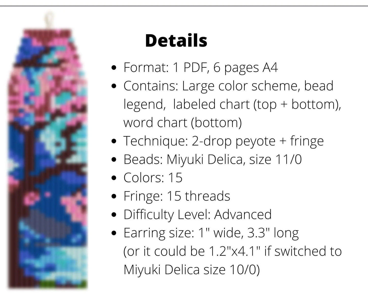 Sakura Brick Stitch beaded fringe earrings pattern - NikoBeadsUA