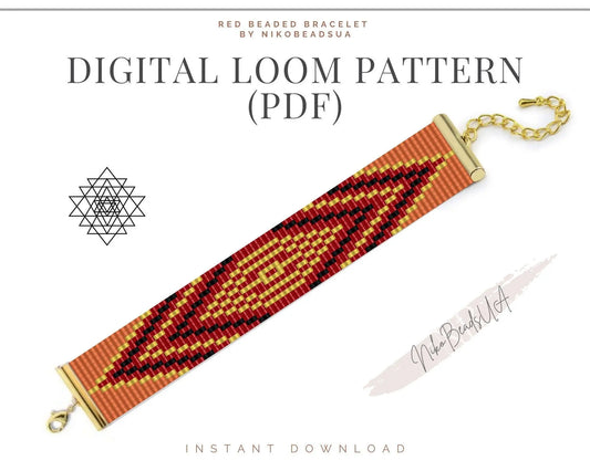 Red Ethnic Loom pattern for beaded bracelet - NikoBeadsUA
