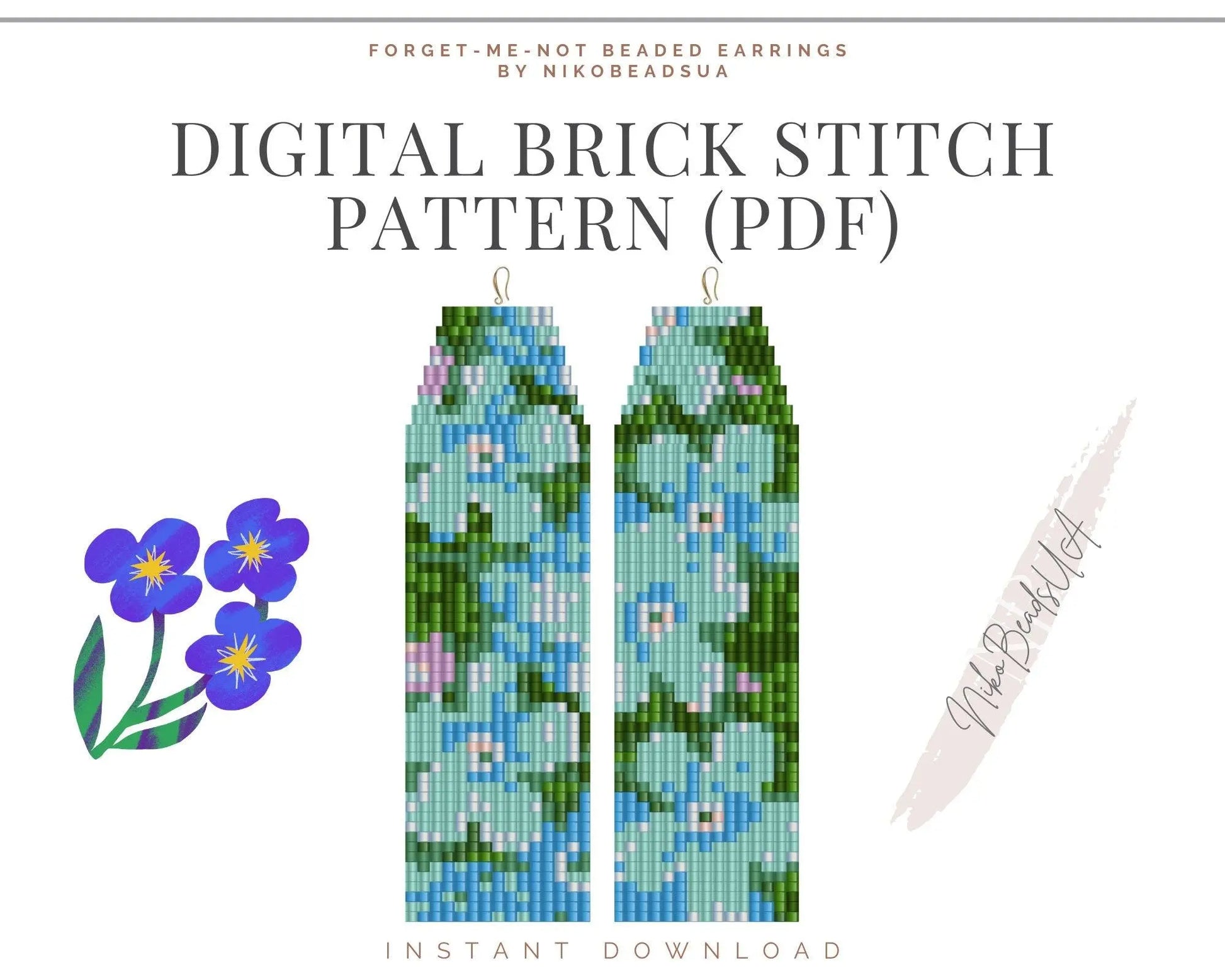 Forget Me Not Brick Stitch pattern for fringe beaded earrings - NikoBeadsUA